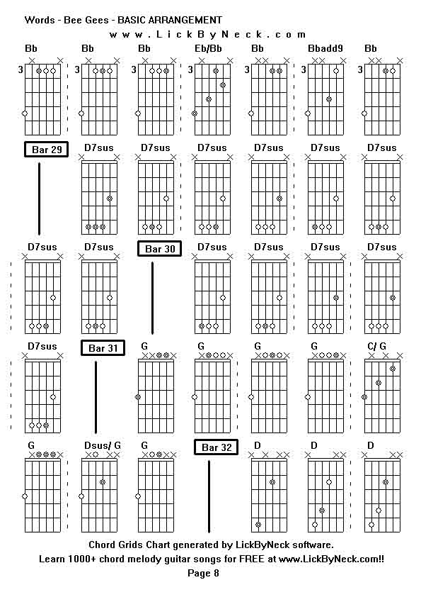 Chord Grids Chart of chord melody fingerstyle guitar song-Words - Bee Gees - BASIC ARRANGEMENT,generated by LickByNeck software.